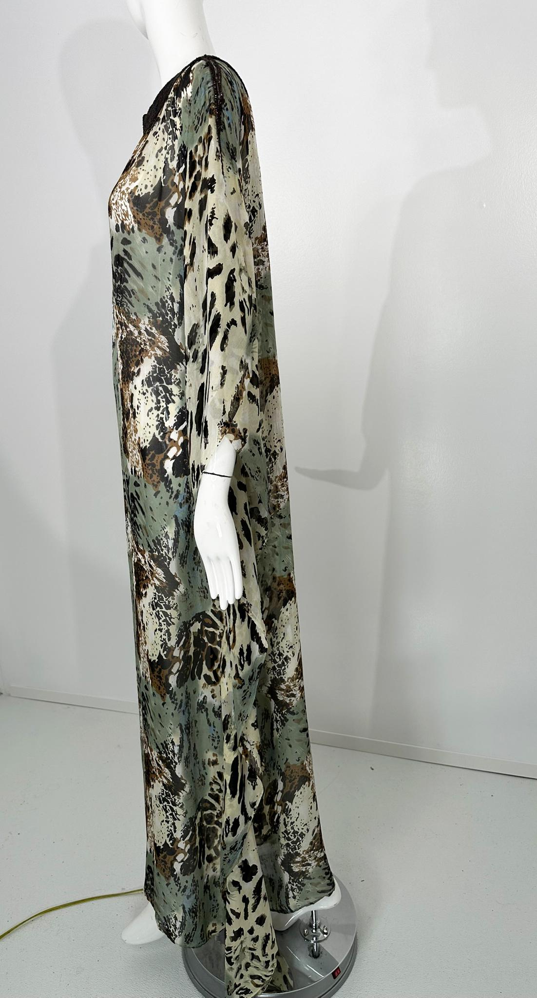 Jeannie McQueeny Leopard Print Beaded Sheer Silk Chiffon Caftan OSFM For Sale 5