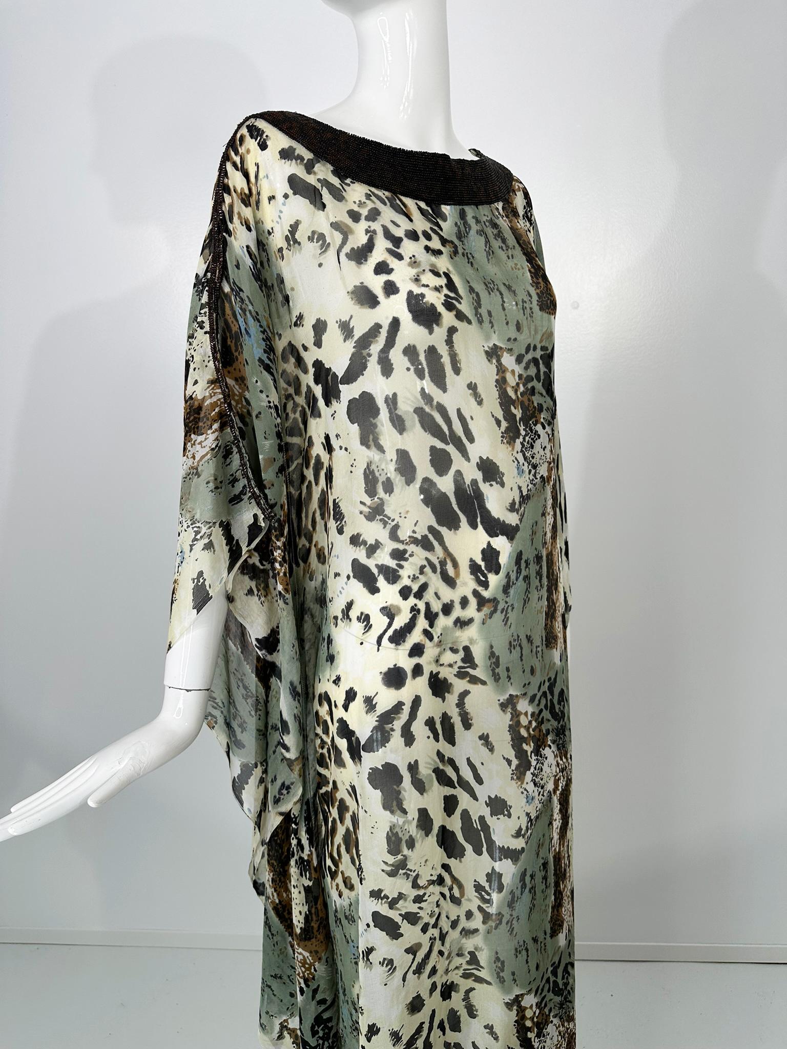 Jeannie McQueeny Leopard Print Beaded Sheer Silk Chiffon Caftan OSFM For Sale 6