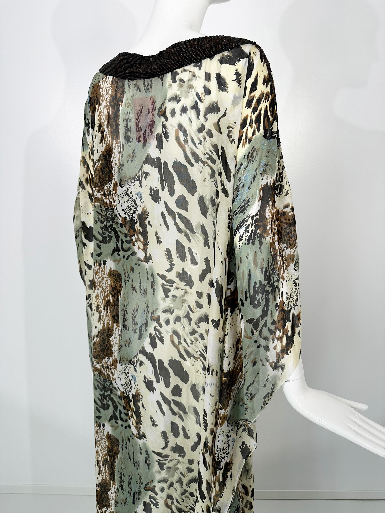 Jeannie McQueeny Leopard Print Beaded Sheer Silk Chiffon Caftan OSFM For Sale 7