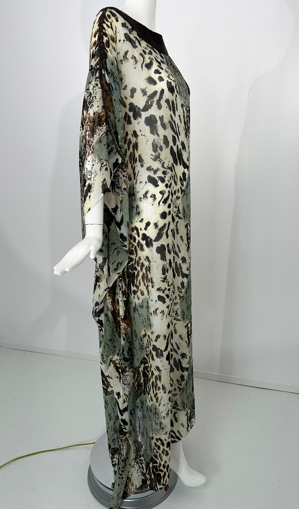 Gray Jeannie McQueeny Leopard Print Beaded Sheer Silk Chiffon Caftan OSFM For Sale
