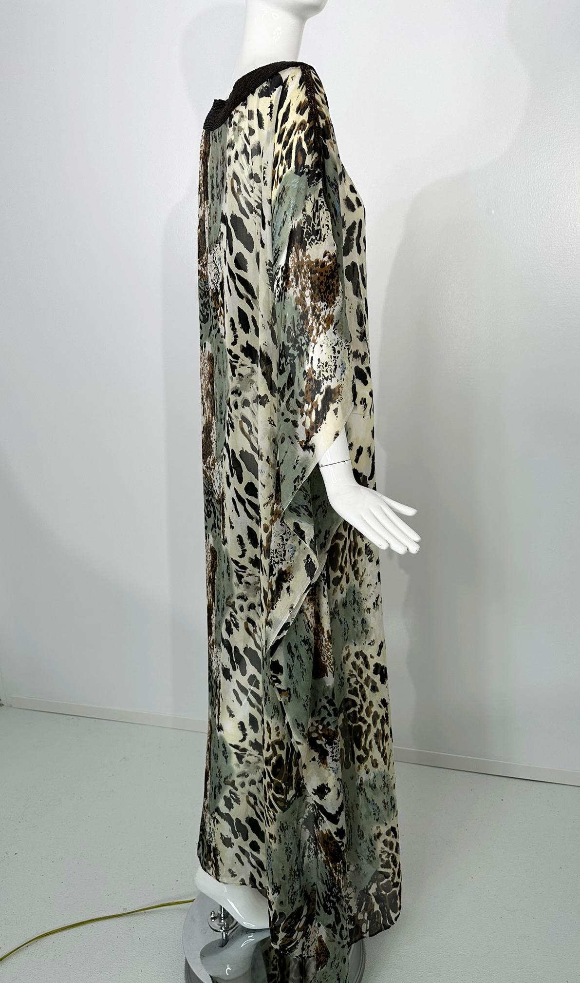Jeannie McQueeny Leopard Print Beaded Sheer Silk Chiffon Caftan OSFM In Good Condition For Sale In West Palm Beach, FL