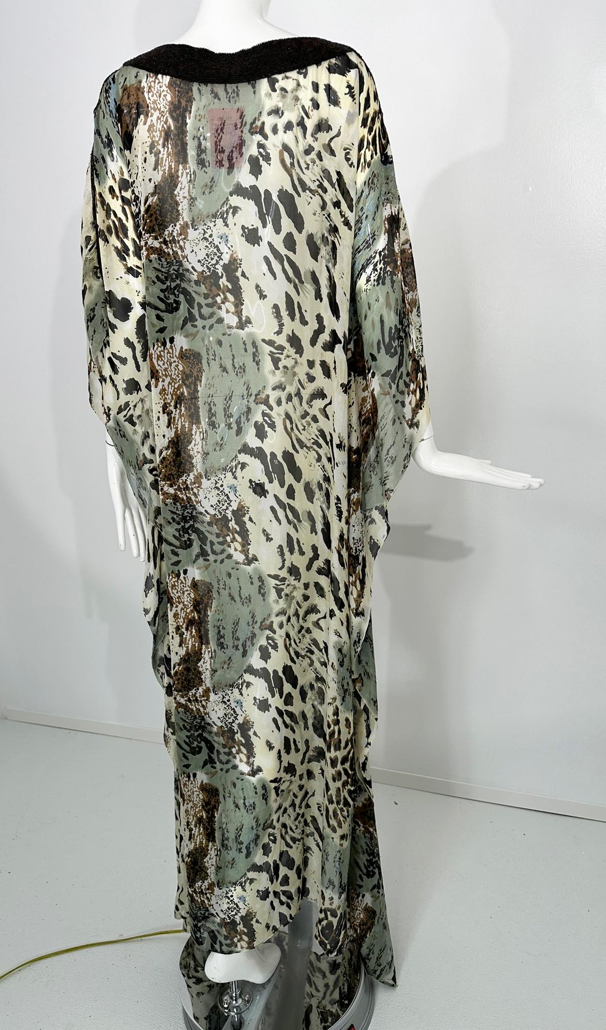 Jeannie McQueeny Leopard Print Beaded Sheer Silk Chiffon Caftan OSFM For Sale 1