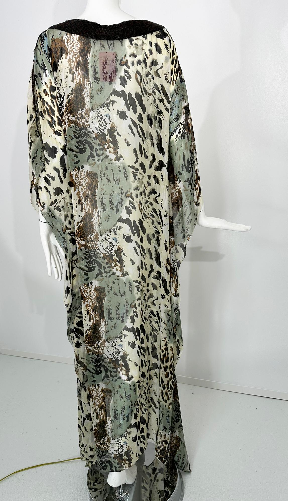 Jeannie McQueeny Leopard Print Beaded Sheer Silk Chiffon Caftan OSFM For Sale 2
