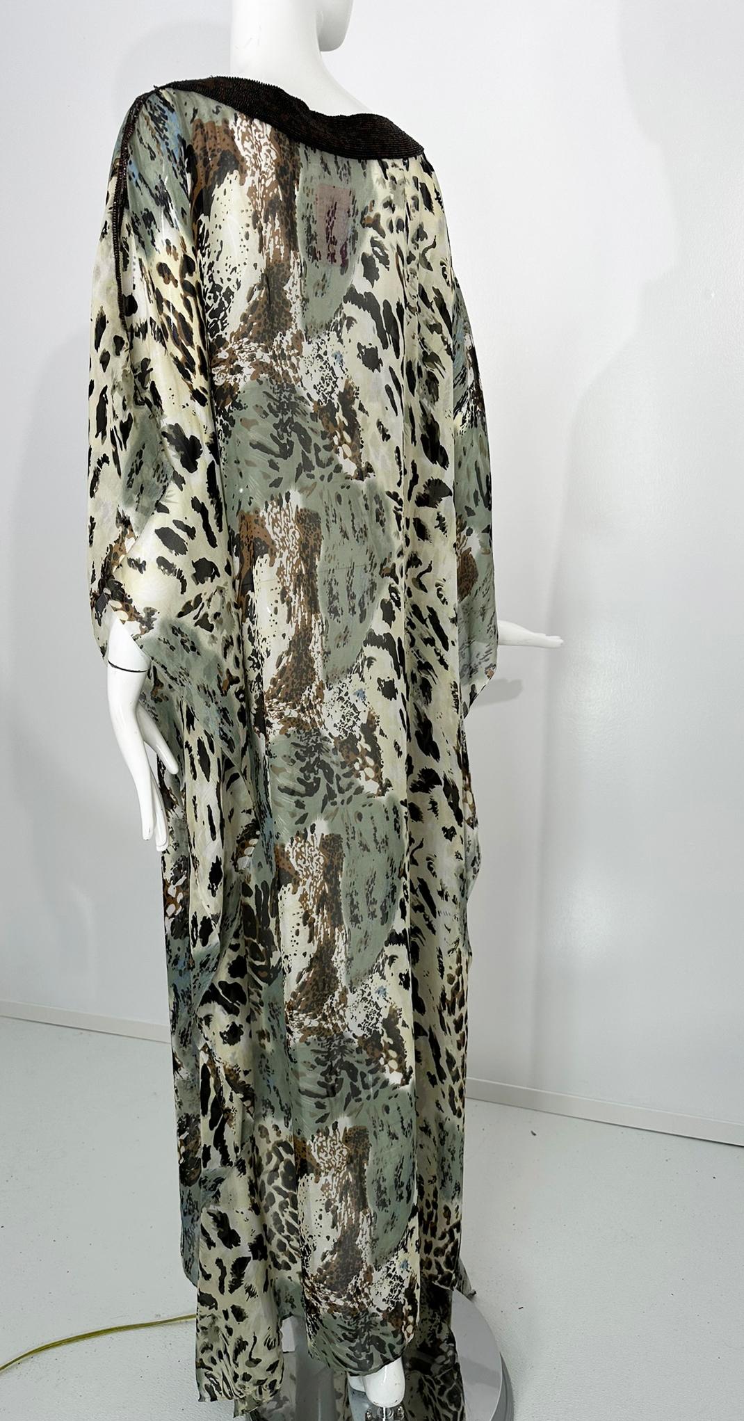 Jeannie McQueeny Leopard Print Beaded Sheer Silk Chiffon Caftan OSFM For Sale 3