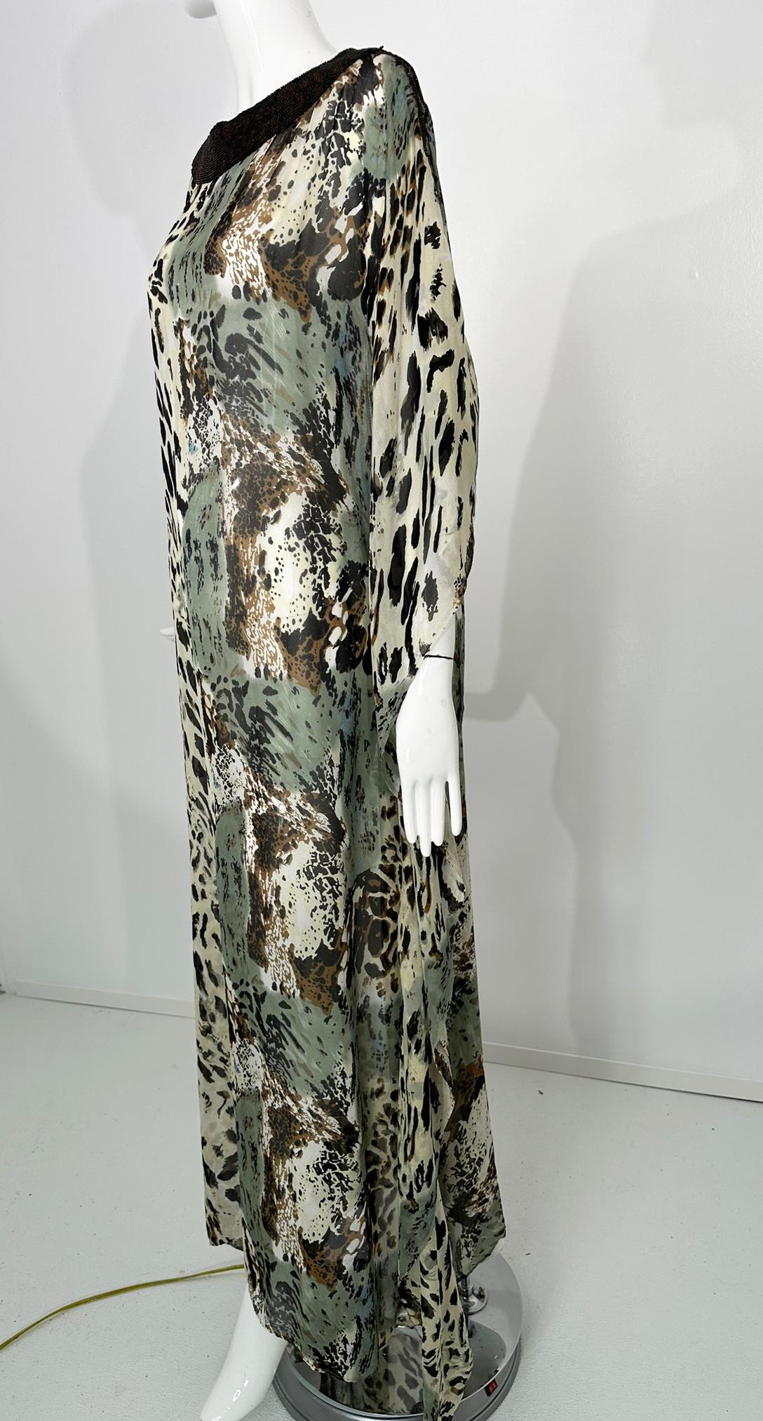 Jeannie McQueeny Leopard Print Beaded Sheer Silk Chiffon Caftan OSFM For Sale 4