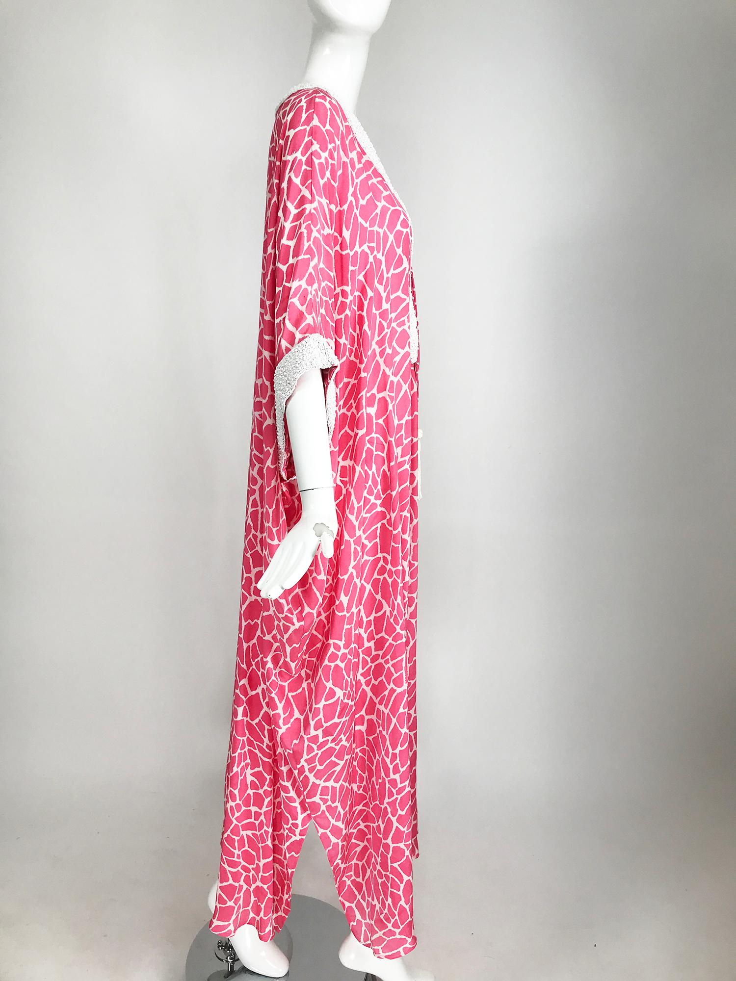 Jeannie McQueeny Pink & White Silk Heavily Beaded Caftan Laced Front Tassel Ties 4