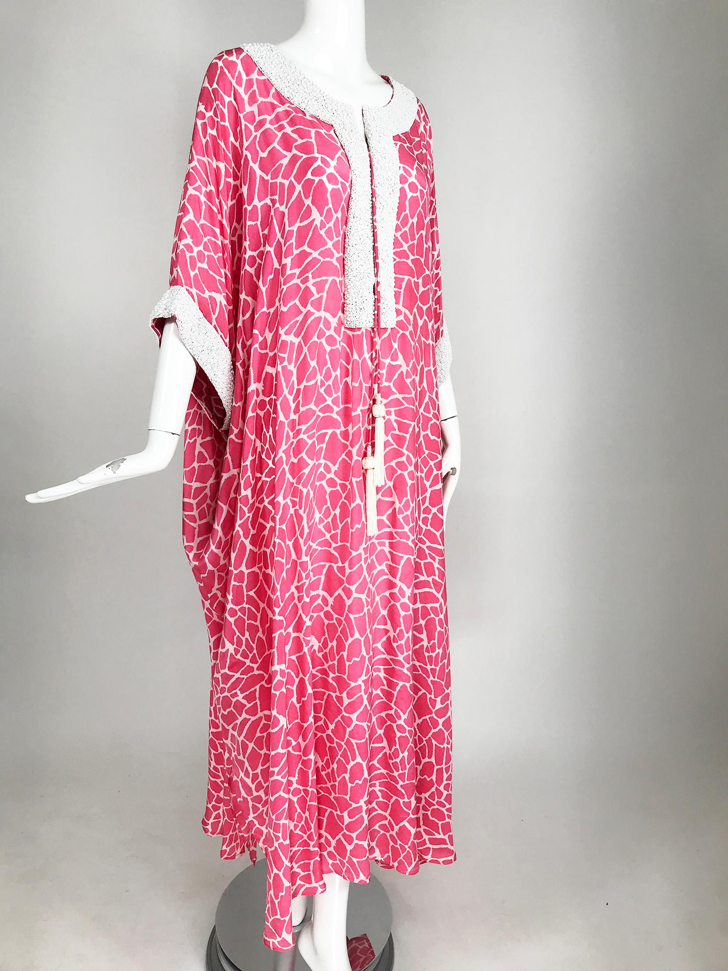 Jeannie McQueeny Pink & White Silk Heavily Beaded Caftan Laced Front Tassel Ties 5