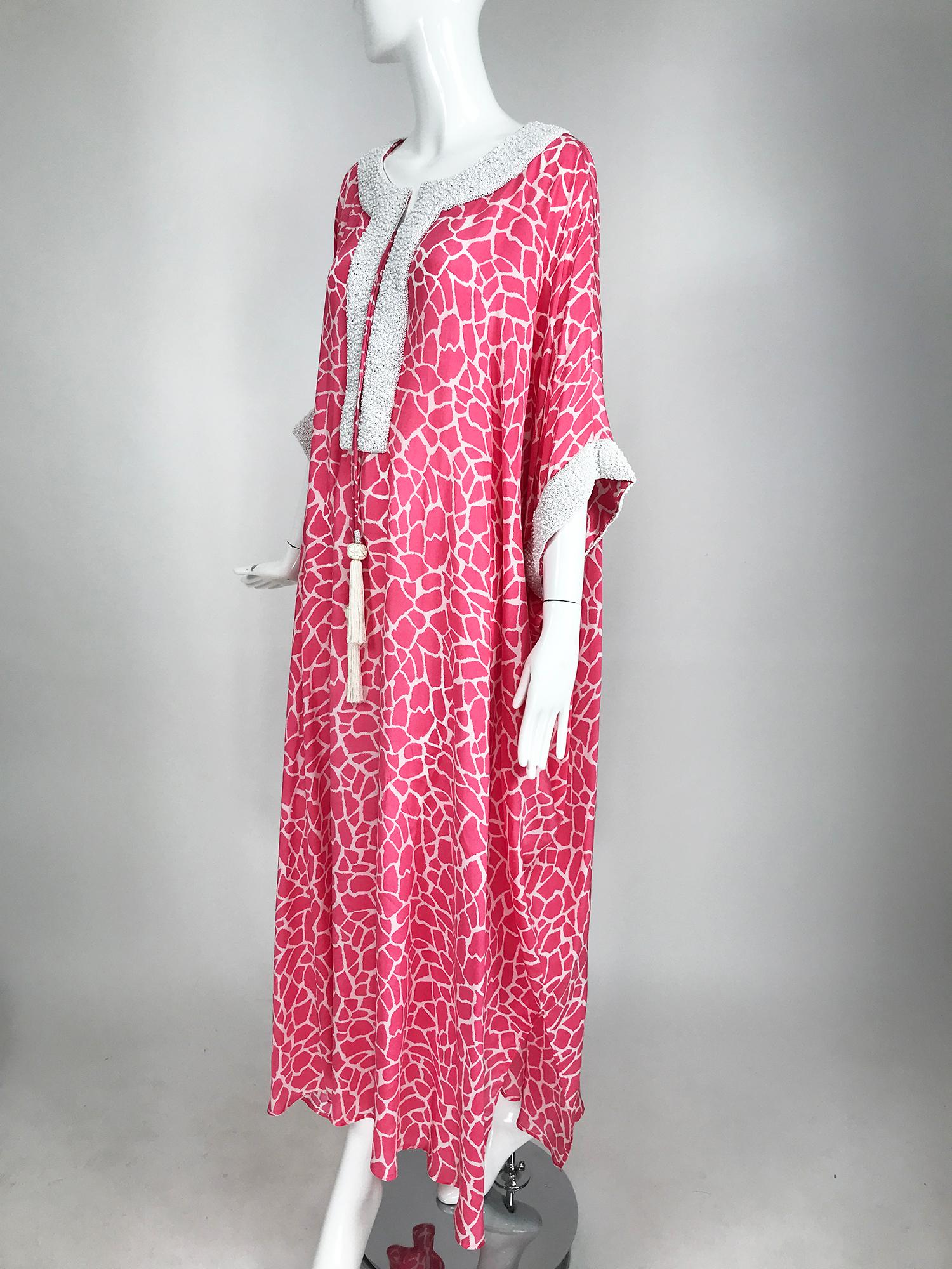 Jeannie McQueeny Pink & White Silk Heavily Beaded Caftan Laced Front Tassel Ties In Good Condition In West Palm Beach, FL