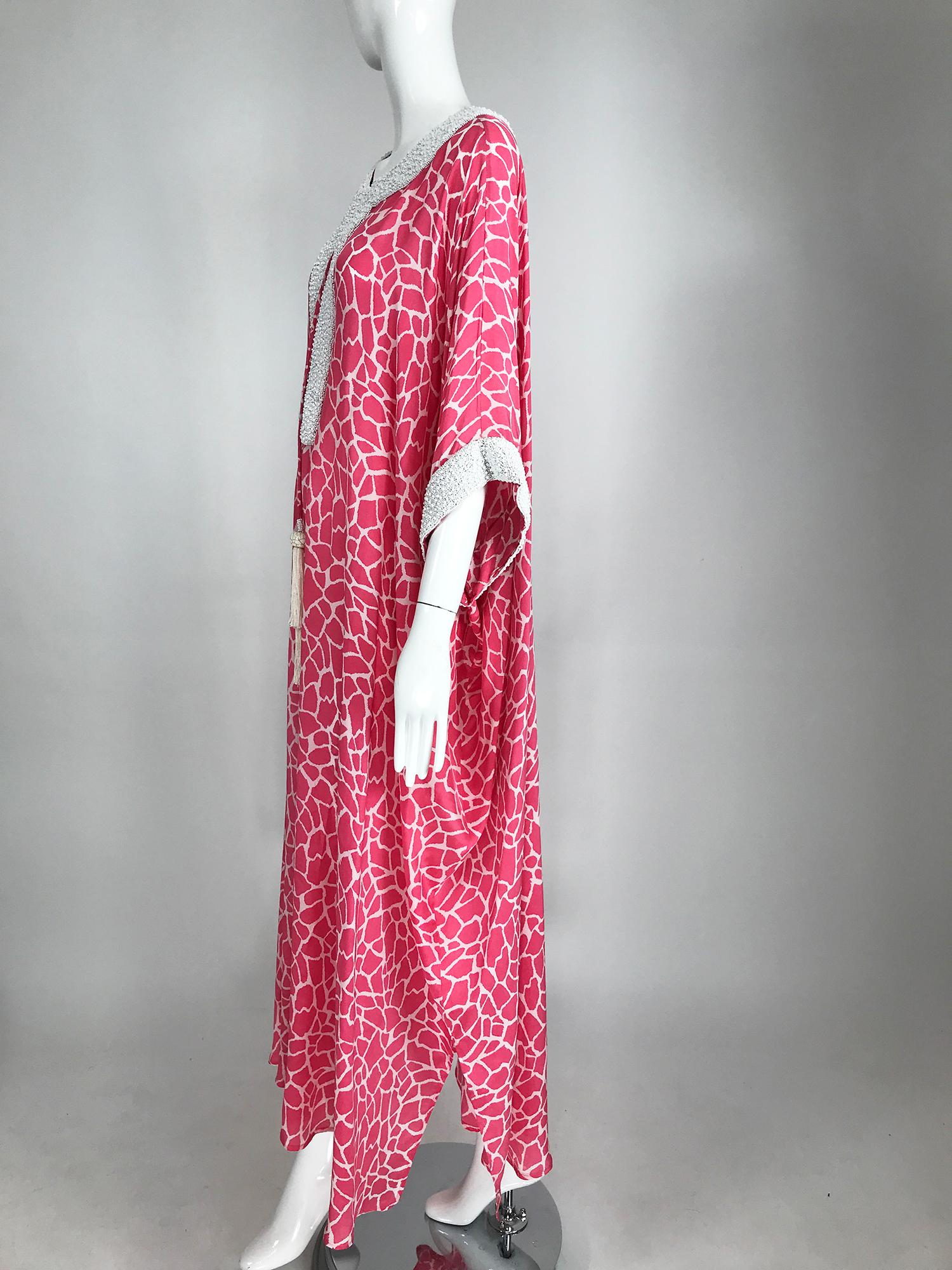 Women's Jeannie McQueeny Pink & White Silk Heavily Beaded Caftan Laced Front Tassel Ties