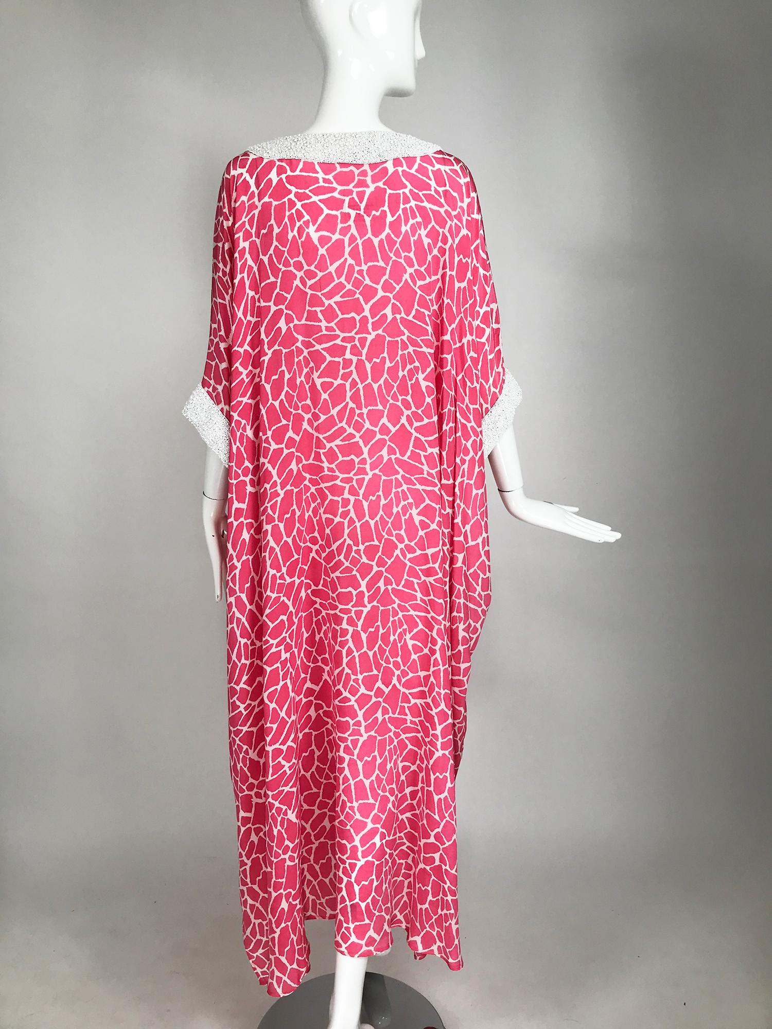 Jeannie McQueeny Pink & White Silk Heavily Beaded Caftan Laced Front Tassel Ties 2