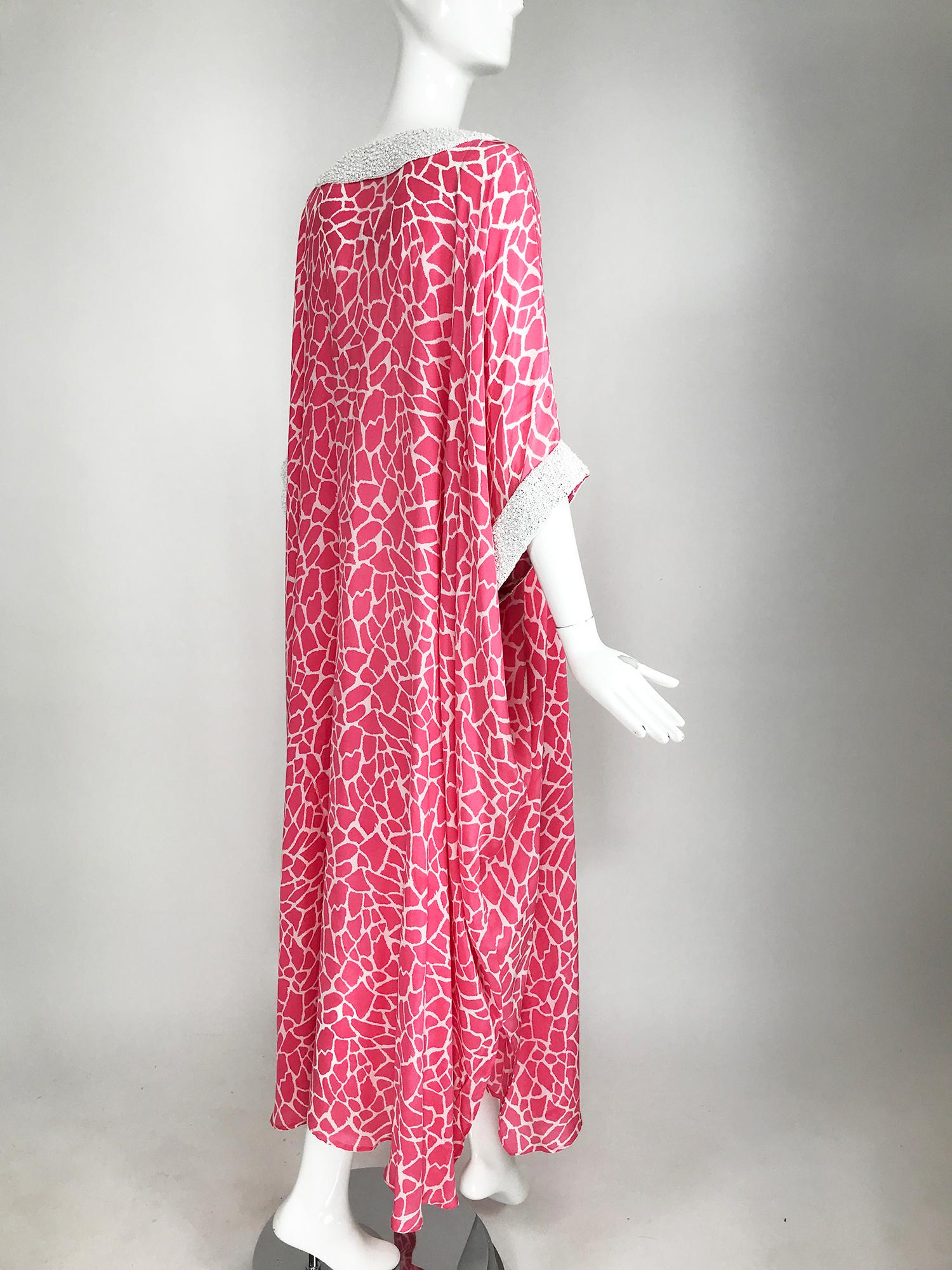 Jeannie McQueeny Pink & White Silk Heavily Beaded Caftan Laced Front Tassel Ties 3