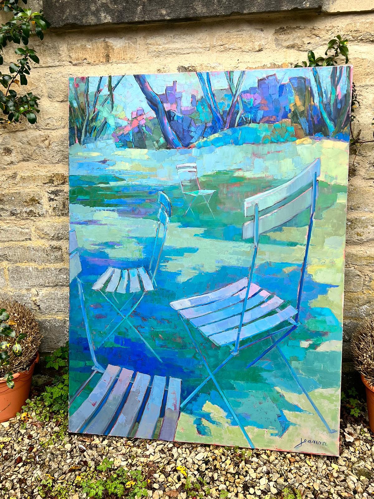 Huge French Modernist Oil Sunny Garden Landscape with French Chairs - Painting by Jeanon Pitre