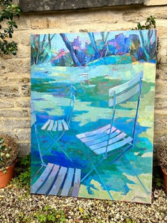 Huge French Modernist Oil Sunny Garden Landscape with French Chairs