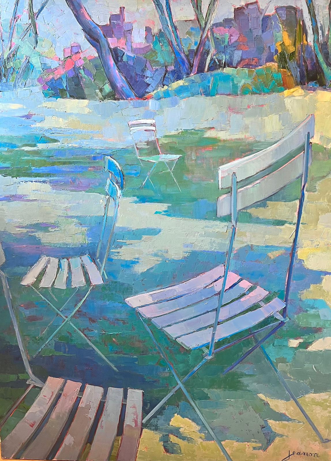 Landscape Painting di Jeanon Pitre - Enorme olio francese modernista Paesaggio da giardino soleggiato con sedie francesi