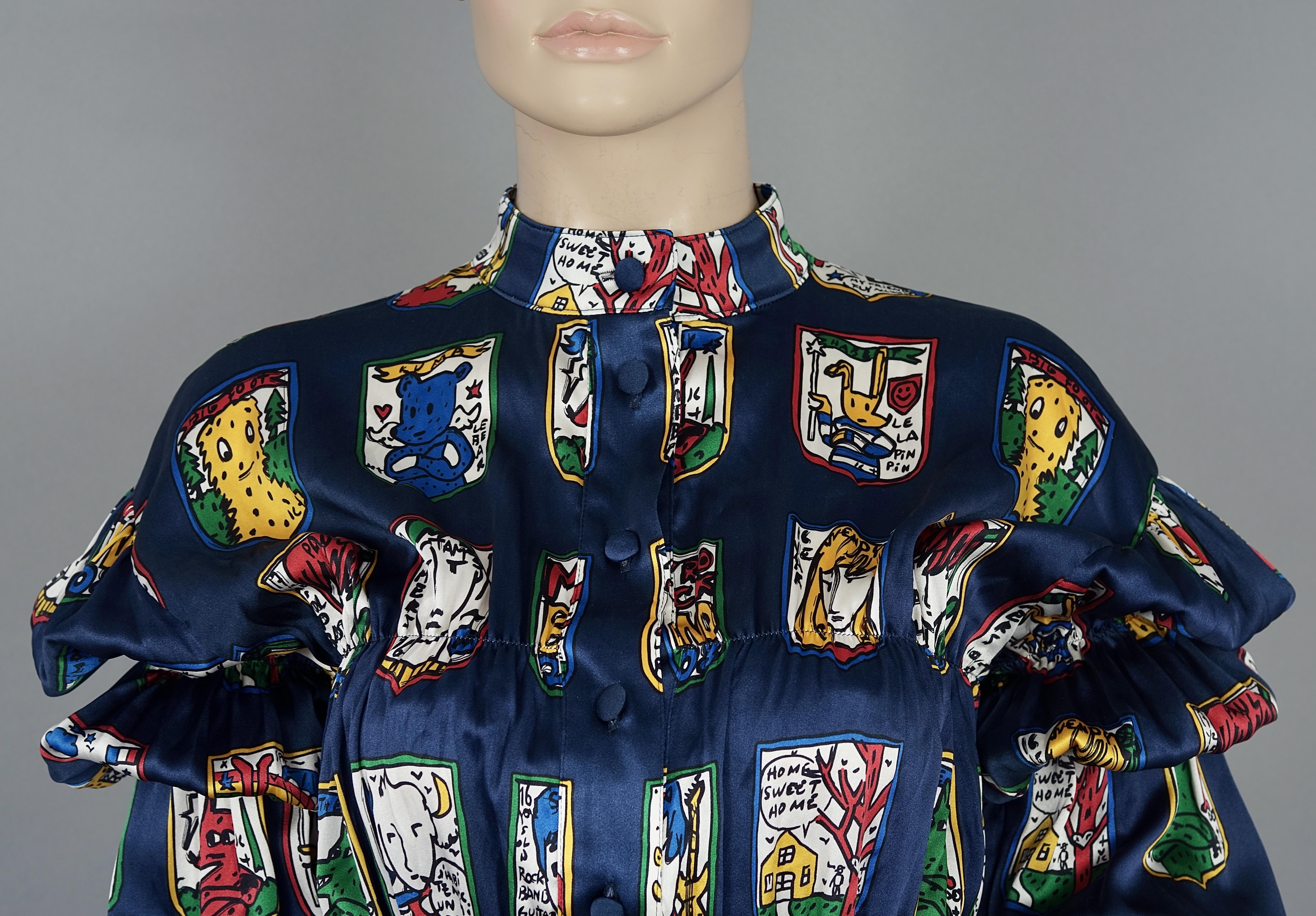 JEANS CHARLES de CASTELBAJAC Pop Art Post Cards Silk Shirt Blouse In Excellent Condition For Sale In Kingersheim, Alsace