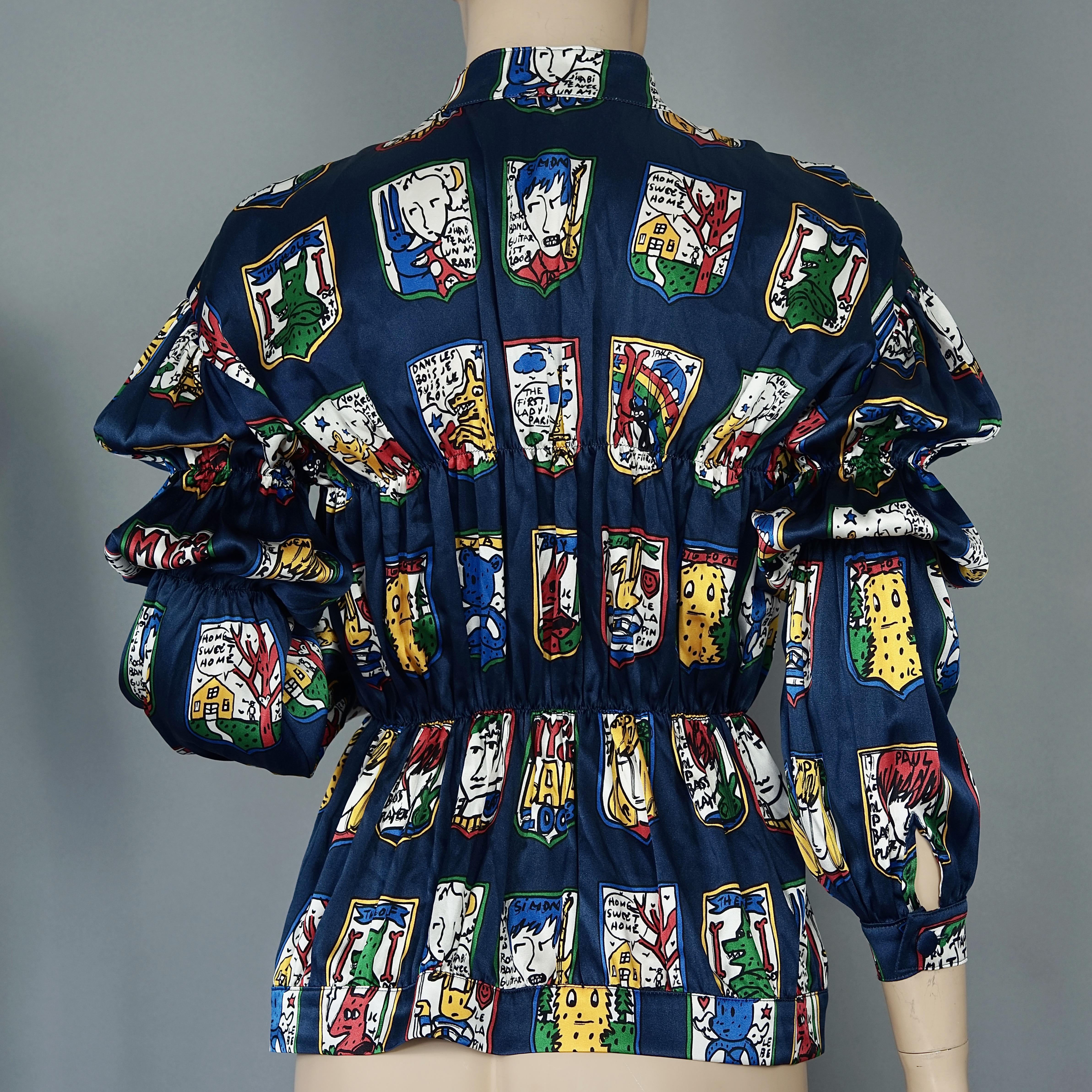 JEANS CHARLES de CASTELBAJAC Pop Art Post Cards Silk Shirt Blouse

Measurements taken laid flat, please double bust and waist:
Shoulder: 19.29 inches (49 cm)
Sleeves: 21.26 inches (54 cm) 
Bust: 13.78 inches (35 cm) without stretching
Waist: 11.81