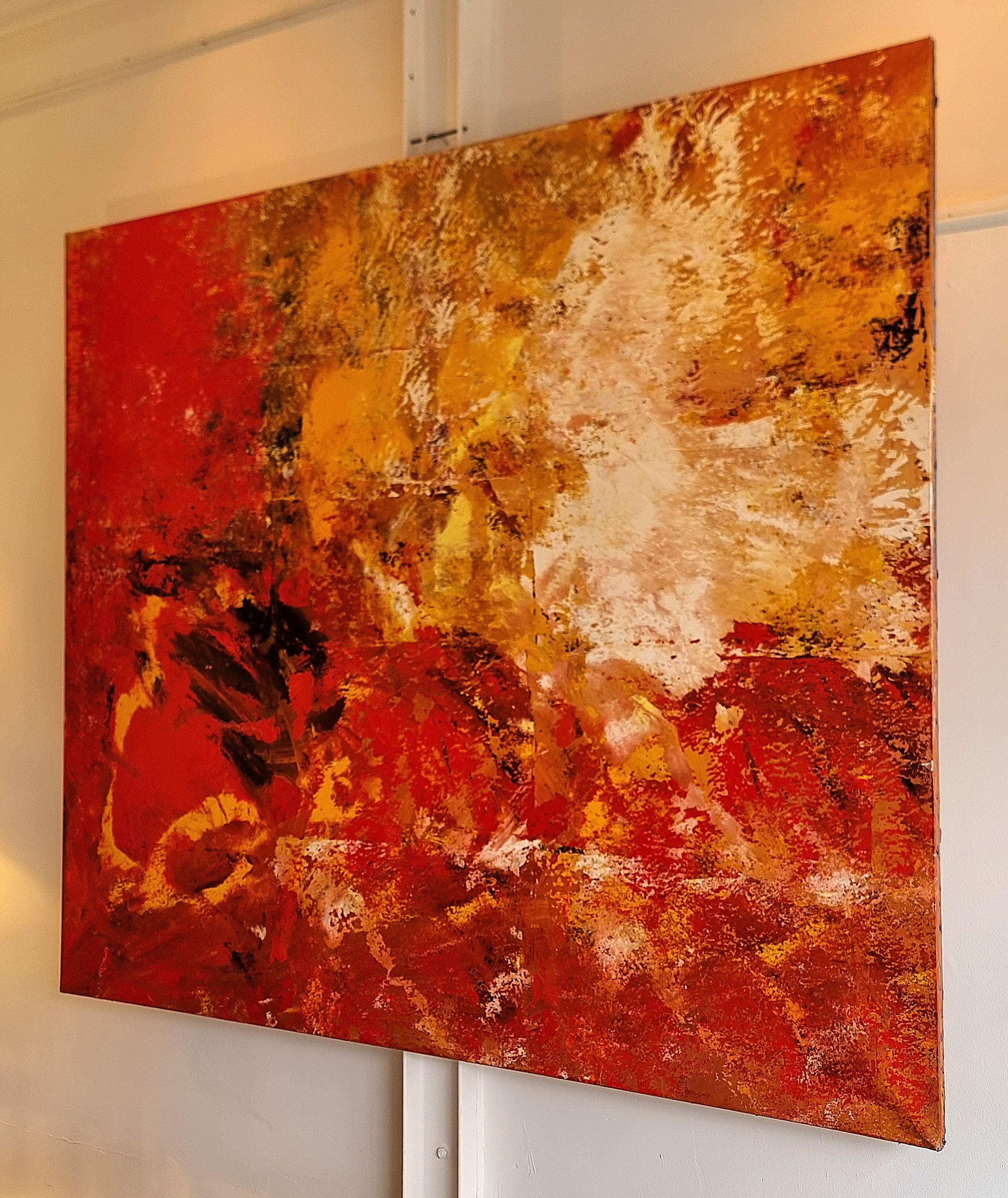 Large abstract canvas by the French painter Jeantimir Kchaoudoff. His art is mainly inspired by African art for which he has a particular interest. His touch often refers to childhood emotions. This canvas is particular in his work because he treats