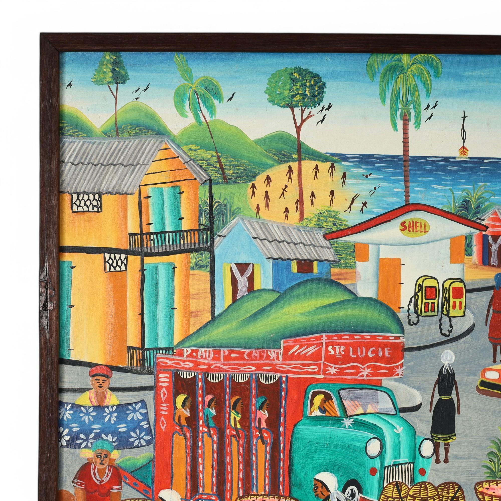 Un sorprendente dipinto haitiano in acrilico su tavola che raffigura un'affollata scena di strada eseguita in un caratteristico stile naif con colori vivaci e molta azione. Firmato J. Robert e presentato in una cornice di mogano. 