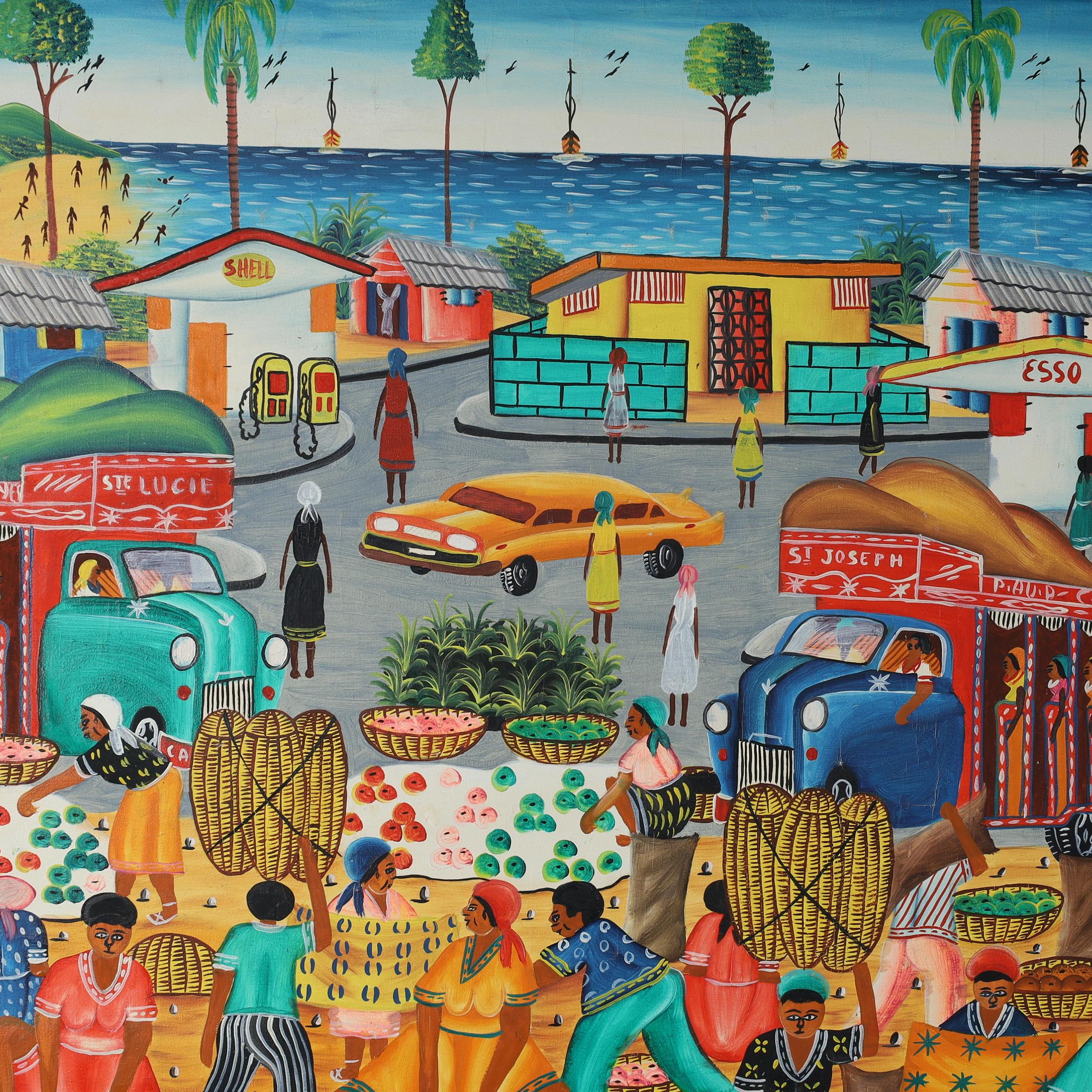 Mid-Century moderno Jeanty J N Robert Dipinto d'epoca su tavola di una scena di villaggio ad Haiti in vendita