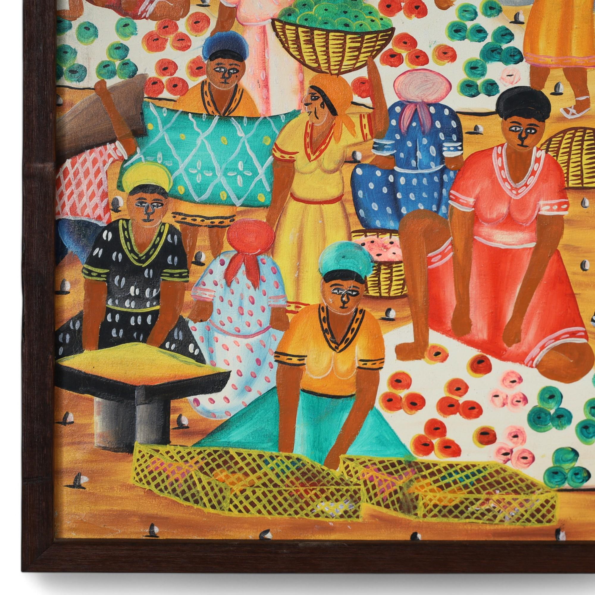 Dipinto a mano Jeanty J N Robert Dipinto d'epoca su tavola di una scena di villaggio ad Haiti in vendita
