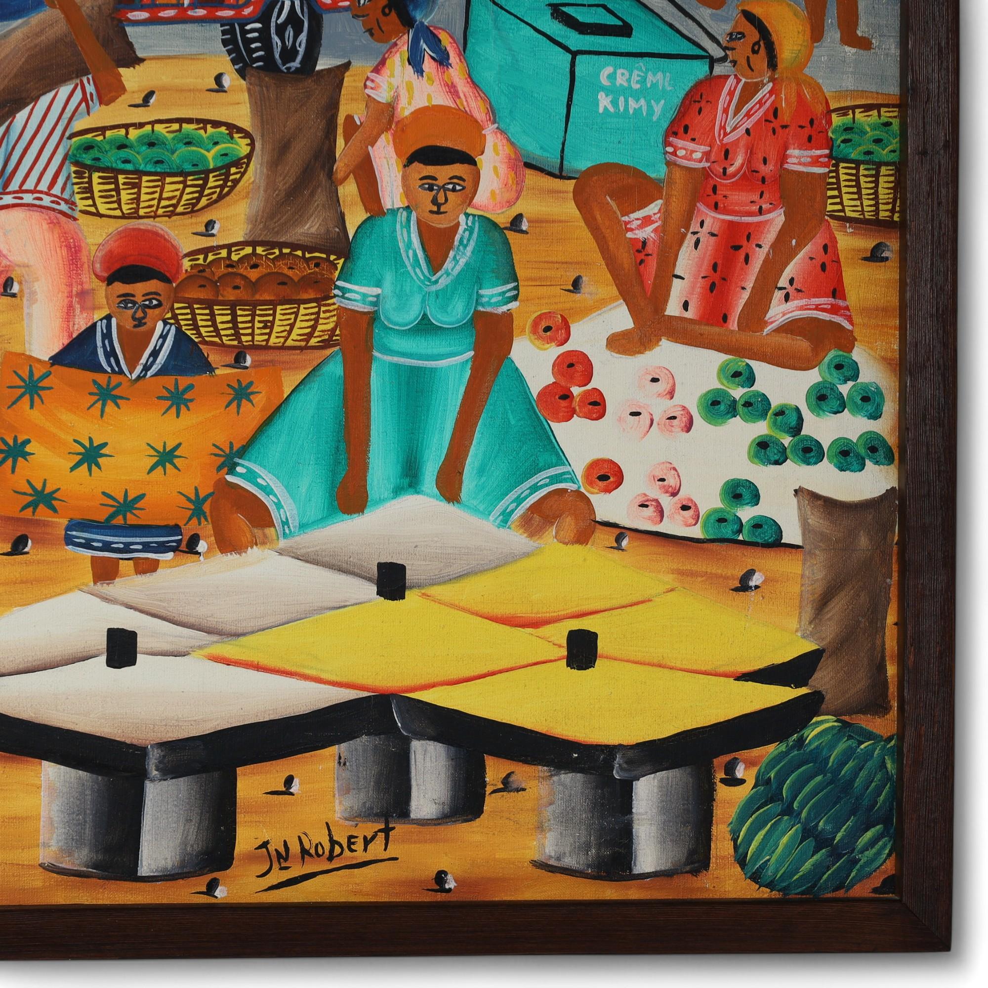 XX secolo Jeanty J N Robert Dipinto d'epoca su tavola di una scena di villaggio ad Haiti in vendita