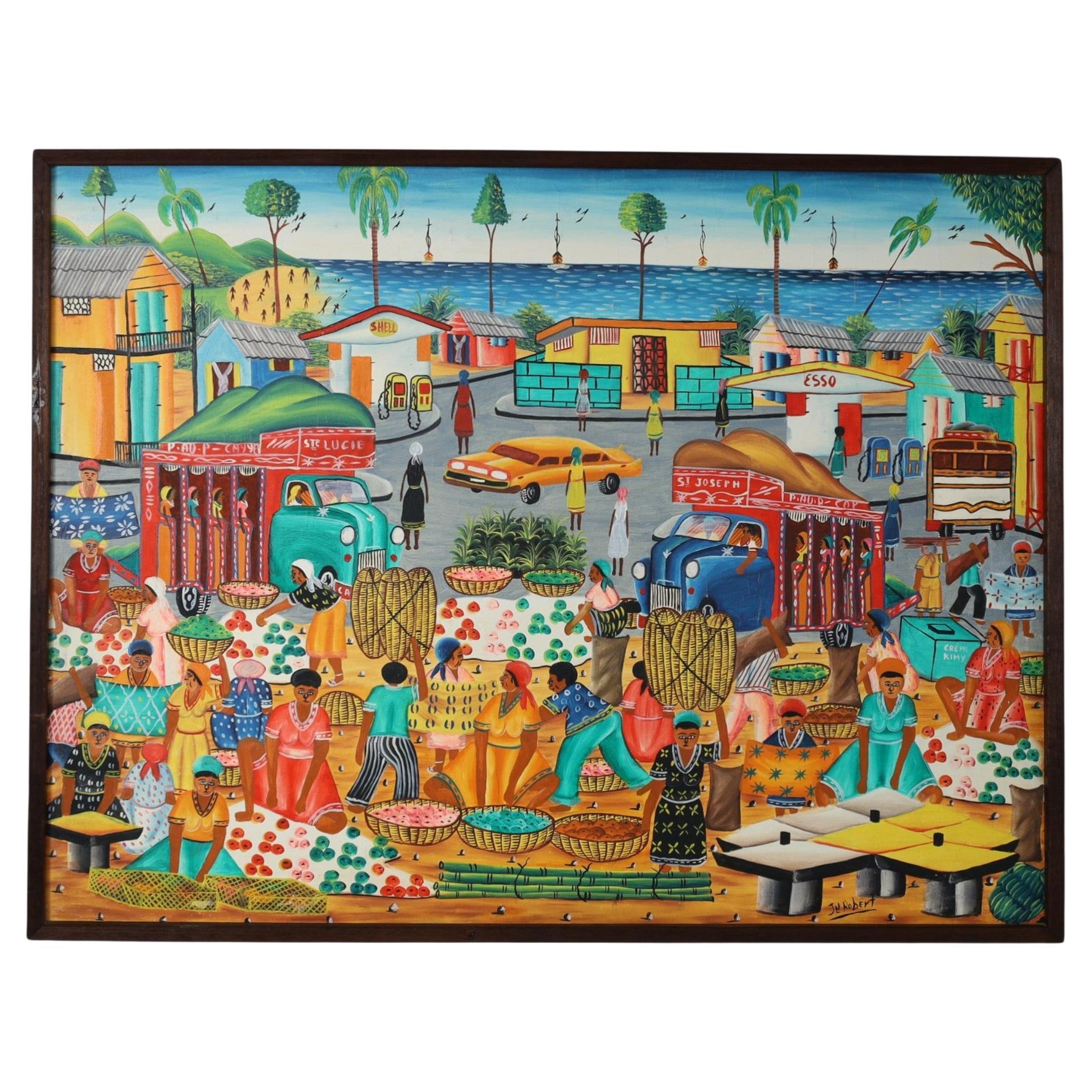 Jeanty J N Robert Vintage Pintura haitiana sobre tabla de una escena de pueblo