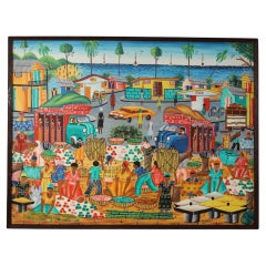Jeanty J N Robert Vintage Pintura haitiana sobre tabla de una escena de pueblo