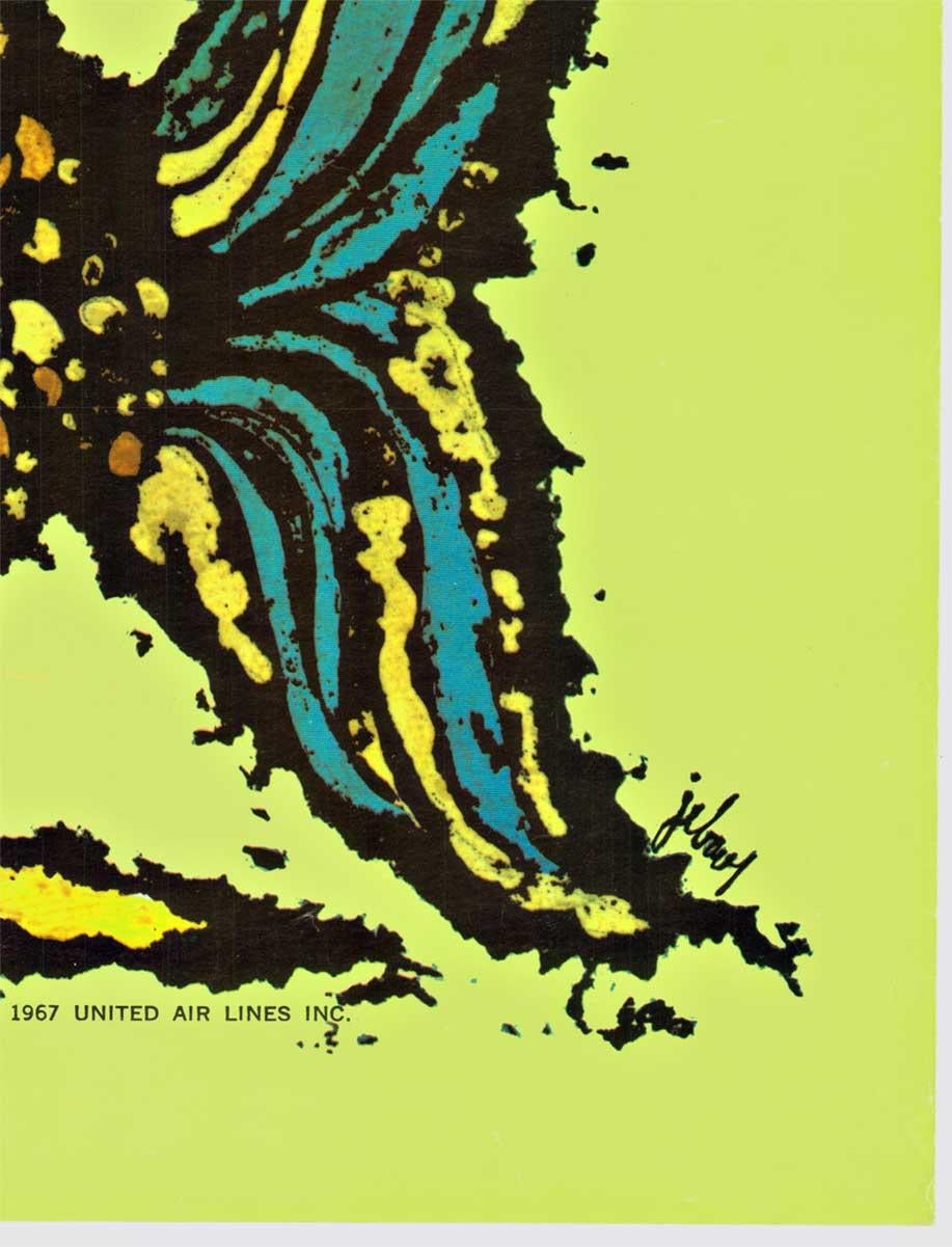 Original Hawaii, United Air Lines cartel de viaje de época  Hawaiiana - Animal Print Amarillo de Jebary