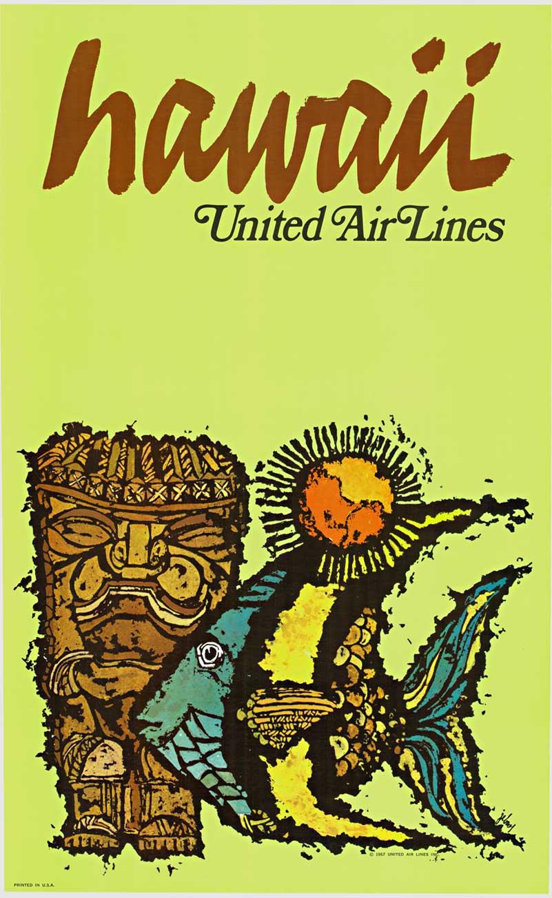 Original Hawaii, United Air Lines cartel de viaje de época  Hawaiiana