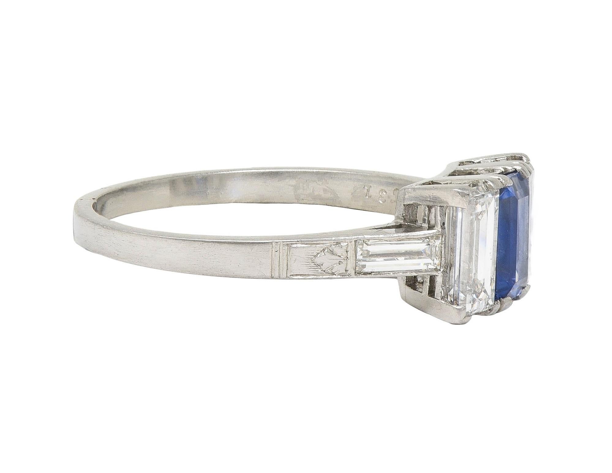 J.E.Caldwell Art Deco 1.82 CTW Sapphire Diamond Platinum Vintage 3 Stone Ring In Excellent Condition In Philadelphia, PA