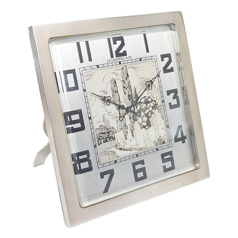 FACTORY / HOUSE: J.E.Caldwell, Philadelphia
STYLE / REFERENCE: Art Deco Desk Clock
METAL / MATERIAL: Nickel Finish
CIRCA / YEAR: 1930's
DIMENSIONS / SIZE: 8 Inch Square
MOVEMENT / CALIBER: Manual Winding / 15 Jewels / 8 Days
DIAL / HANDS: Hand Made