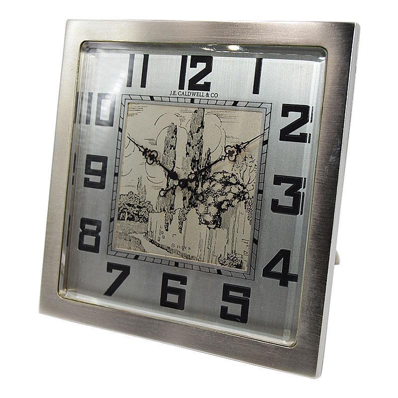 Swiss J.E.Caldwell & Co. Art Deco Desk Clock circa 1930s with Engraved Dial For Sale