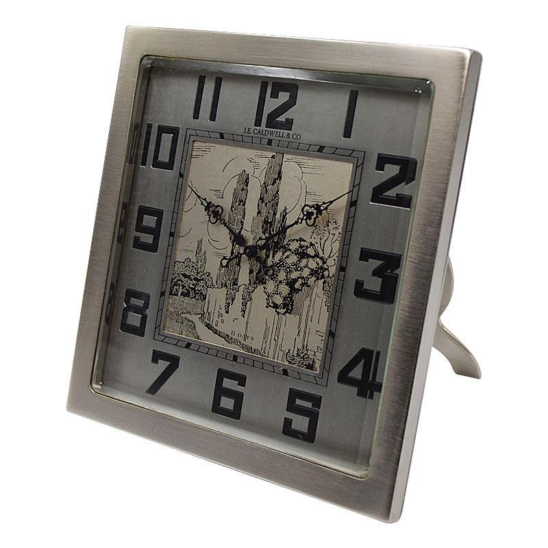 Suisse J.E.Caldwell & Co. Horloge de bureau Art Déco circa 1930 avec cadran gravé en vente