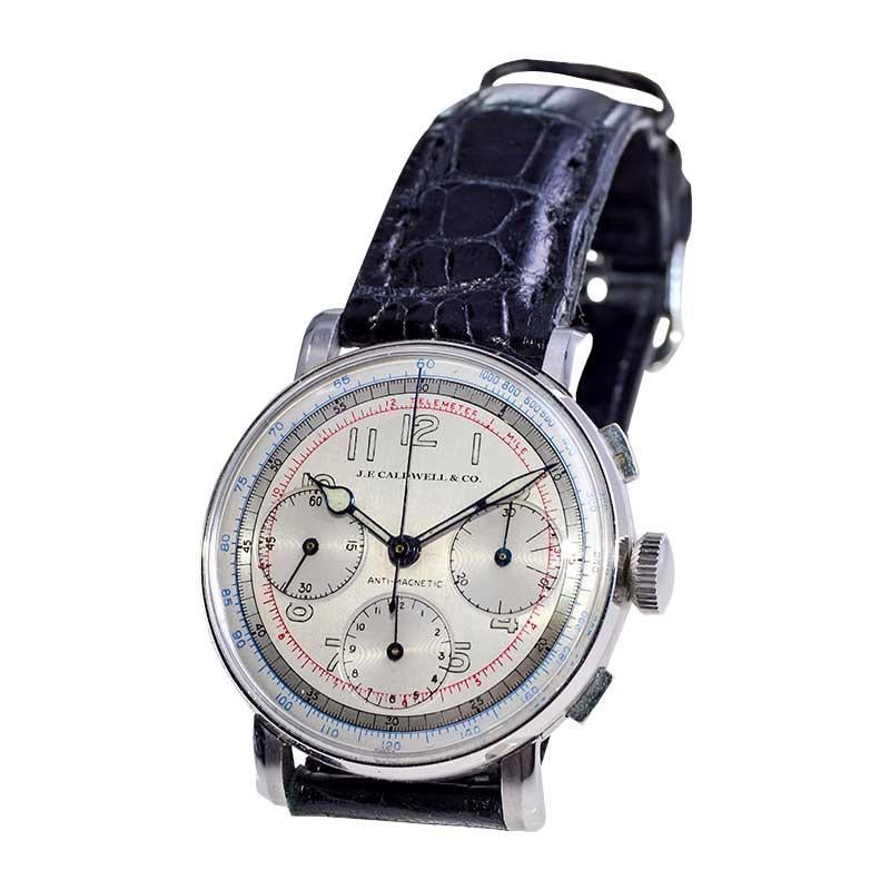 J.E.Caldwell Stainless Steel Oversized Chronograph Manual Wind Watch, 1940s For Sale 2