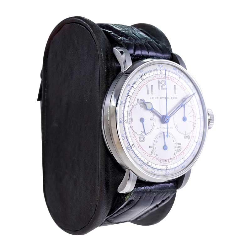 FACTORY / HOUSE: J.E.Caldwell / by Valjoux
STYLE / REFERENCE: Full Size Three Register Chronograph
METAL / MATERIAL: Stainless Steel 
CIRCA: 1940's
DIMENSIONS: Length 44mm X Diameter 38mm
MOVEMENT / CALIBER: Manual Winding / 17 Jewels / Valjoux 71 /