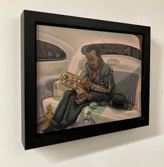 Peinture figurative, huile sur Wood, encadrée, "Pork Pie Hat", Jed Jackson, Réalisme