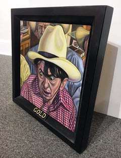 « Or », peinture à l'huile illustrée contemporaine sur panneau de cuivre avec cadre