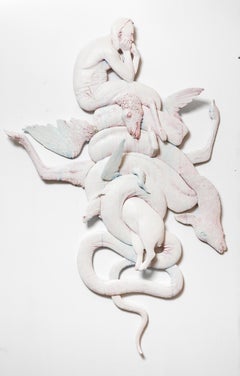 "I Worry About My Kids" Plaster Wall-Mounted Man Atop Snake with Lamb, and Bird