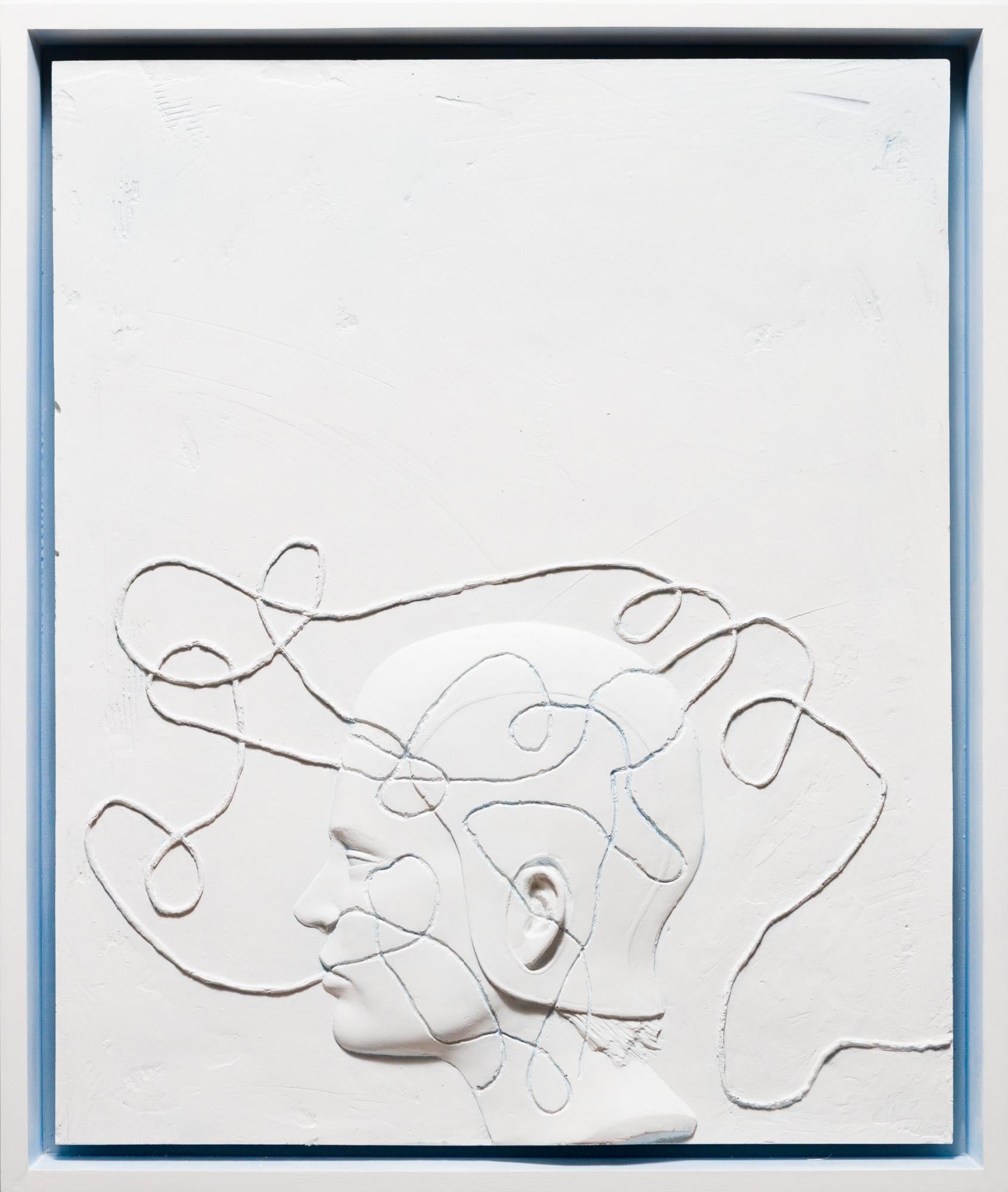 « Interface Blue », sculpture en plâtre renforcé, figure humaine altérée, portrait