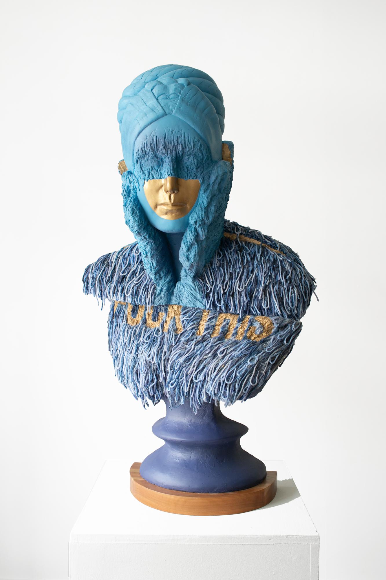 "Part One", buste figuratif métallique bleu et or, sculpture