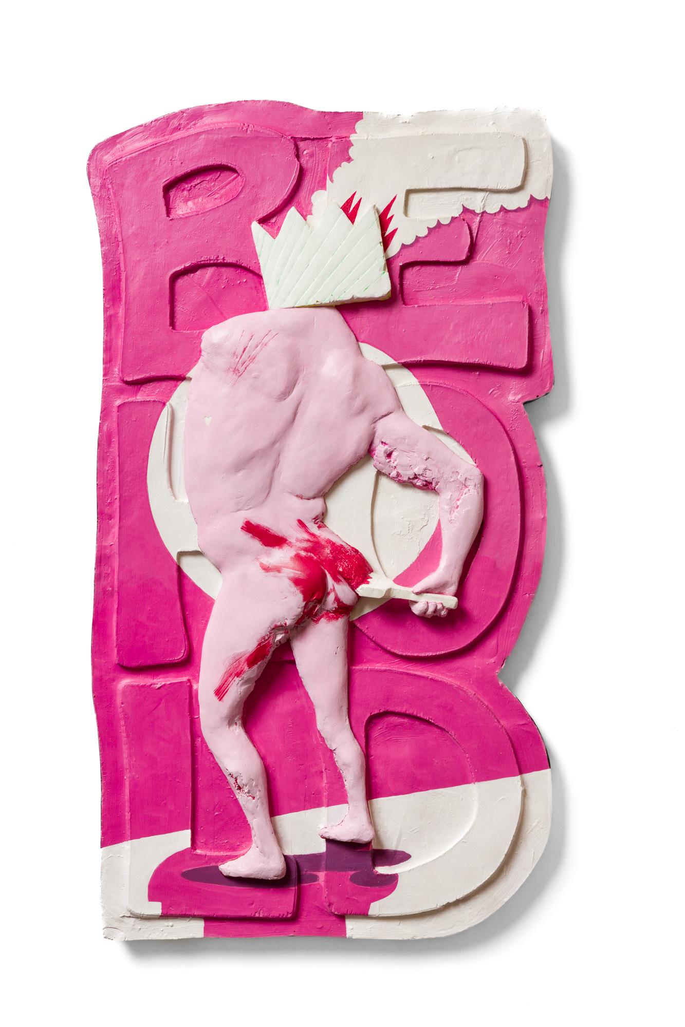 "El artista está presente" Escultura de escayola rosa para colgar en la pared con el texto 'BEHOLD
