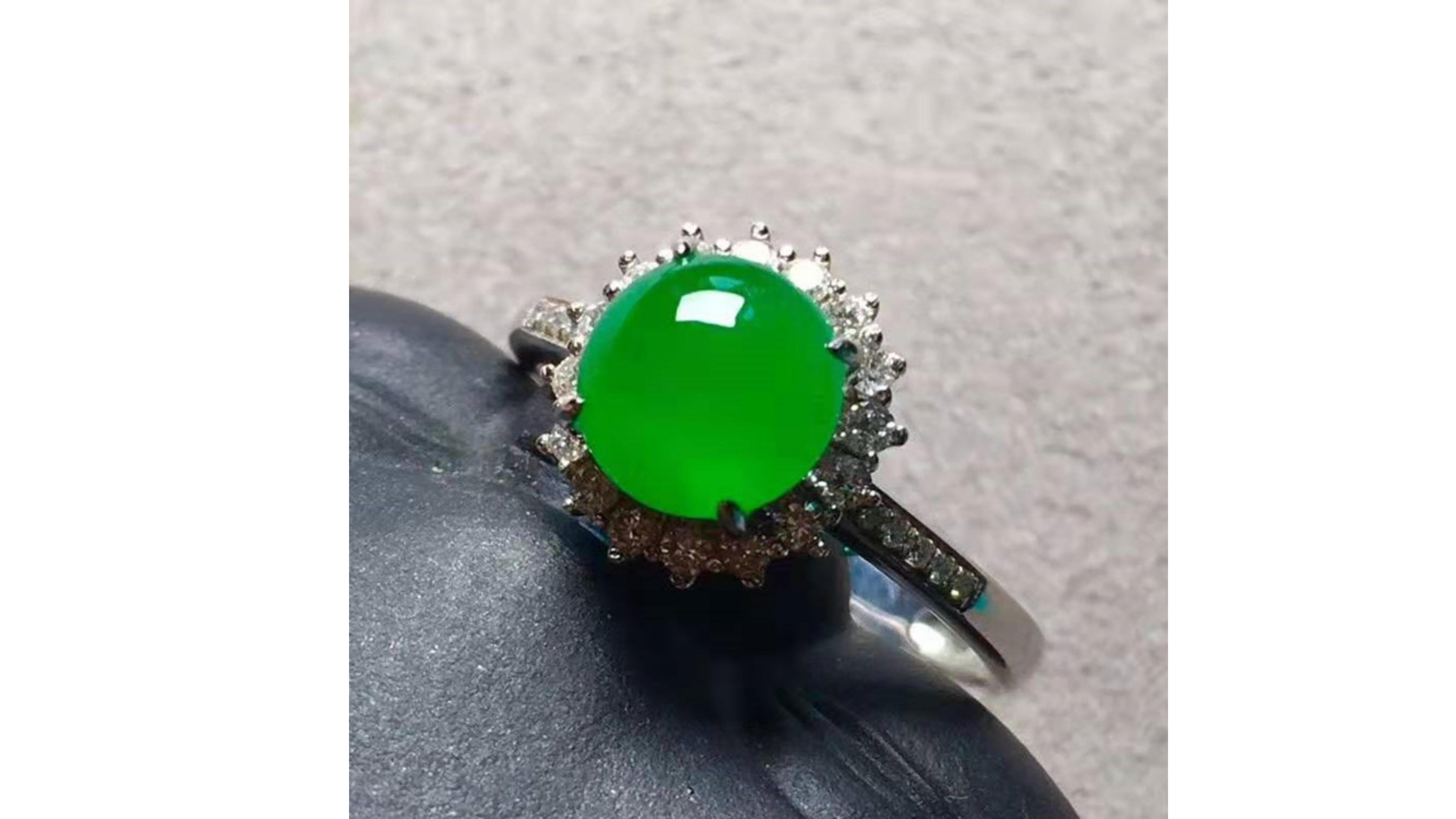 
Jedite  Ring 18 Karat White Gold with 17 White Diamonds and stands out 

Jadeite in Myanmar is primarily found in the 