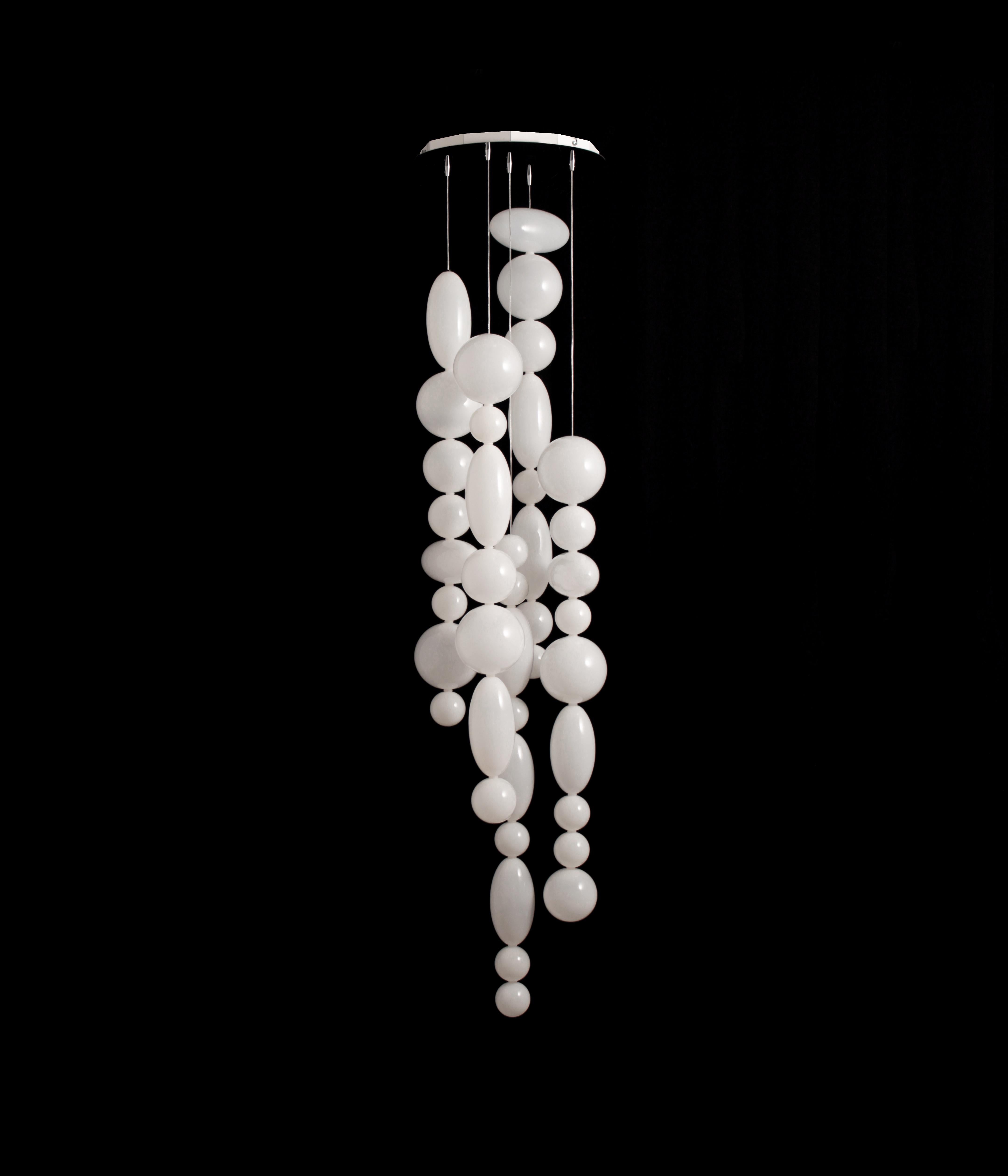 Modern Jedy Mouth-Blown Glass Pendant Light in Glossy White - 5 Lights For Sale