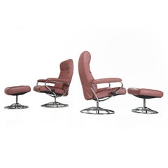 J.E.Ekornes Stressless Recliner Swivel Rose Leather Lounge Chairs and Ottoman