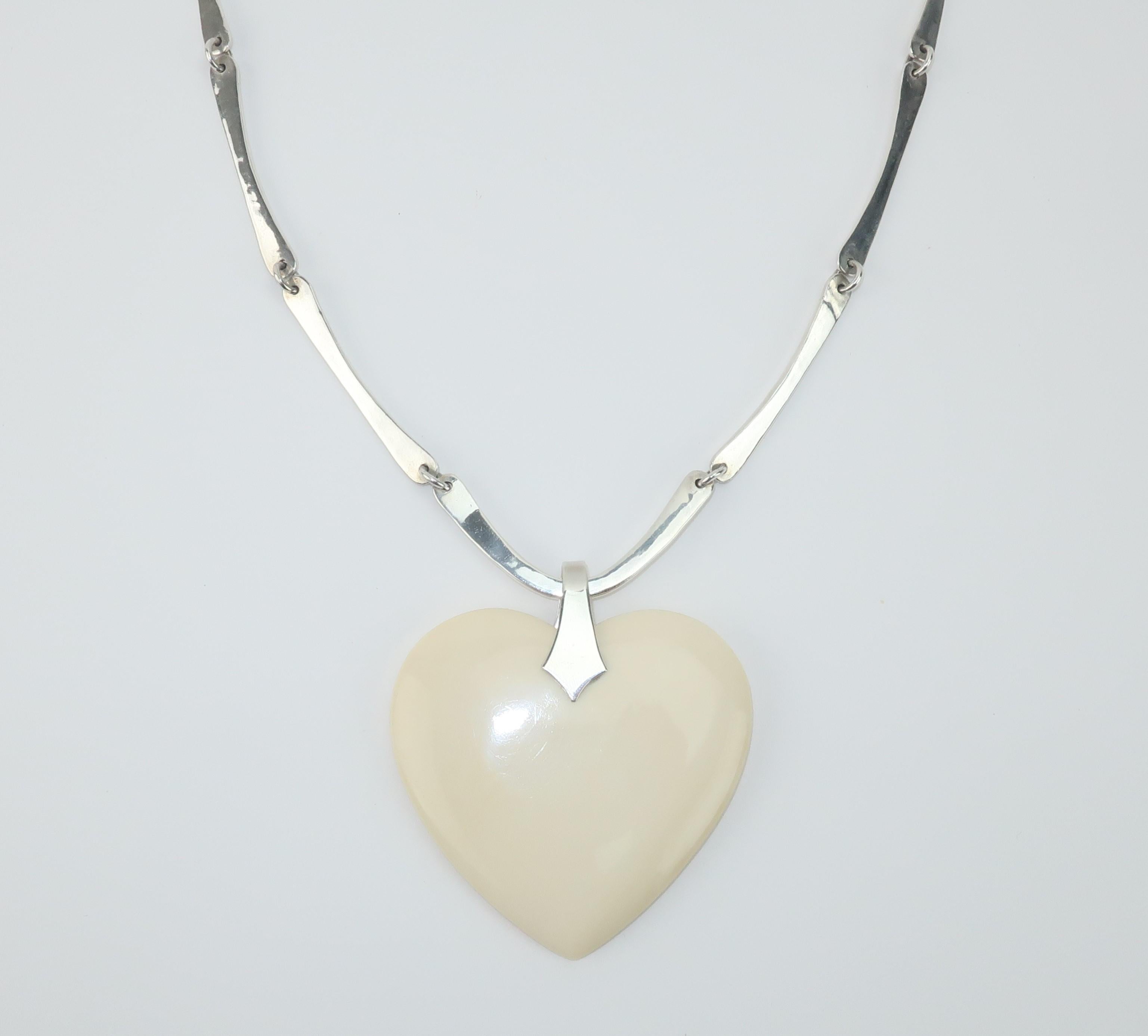 Artisan Jeep Collins Bone Heart Pendant Sterling Silver Necklace, 1970's