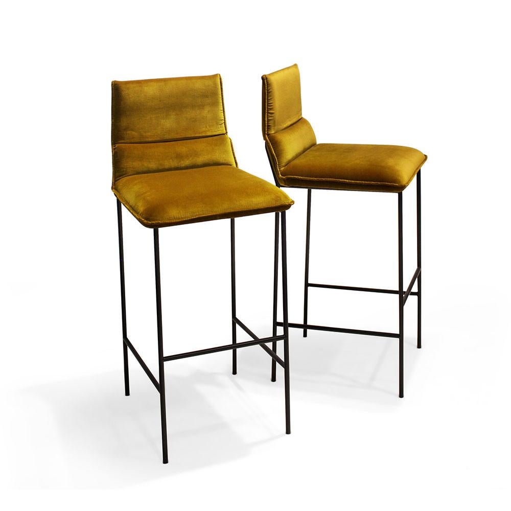 Contemporary Modern Jeeves Bar Chair in Fabric (Mustard) by Collector Studio

The Jeeves series features sophisticated details and great versatility.
The elegant range of fabrics and leathers, along with a carefully chosen color palette of metal
