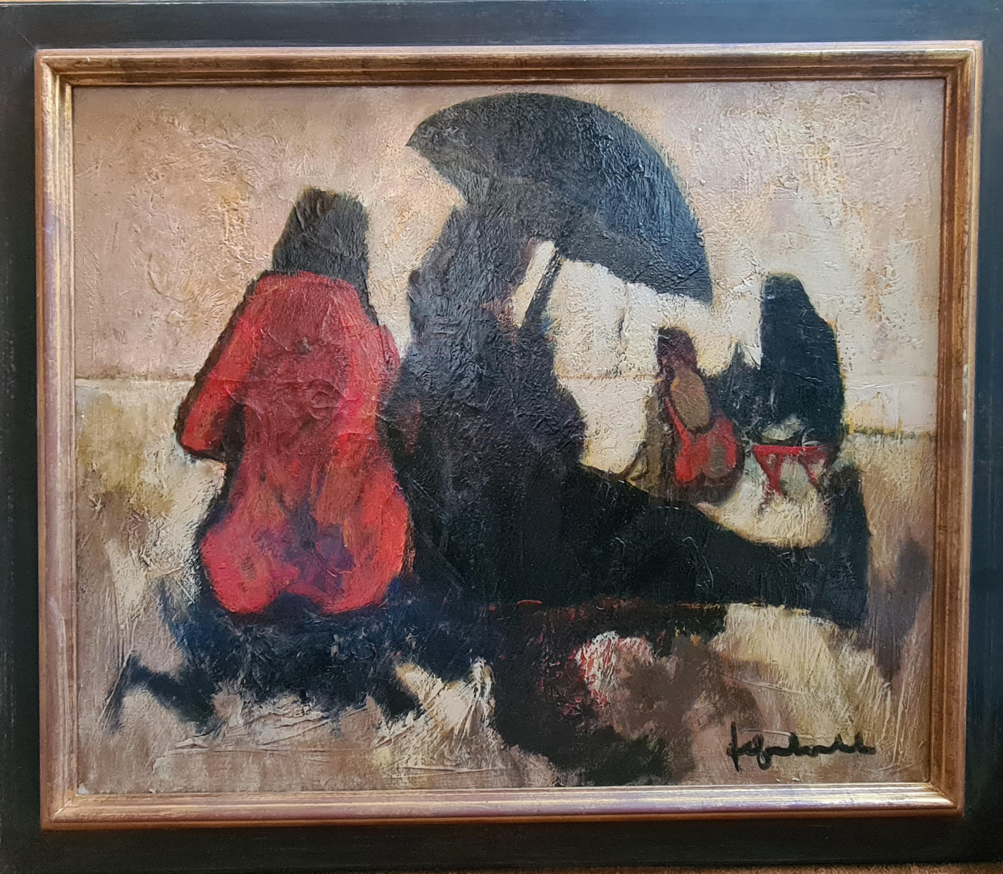 Femmes sur la plage, huile sur toile expressionniste française - Scène de plage 12