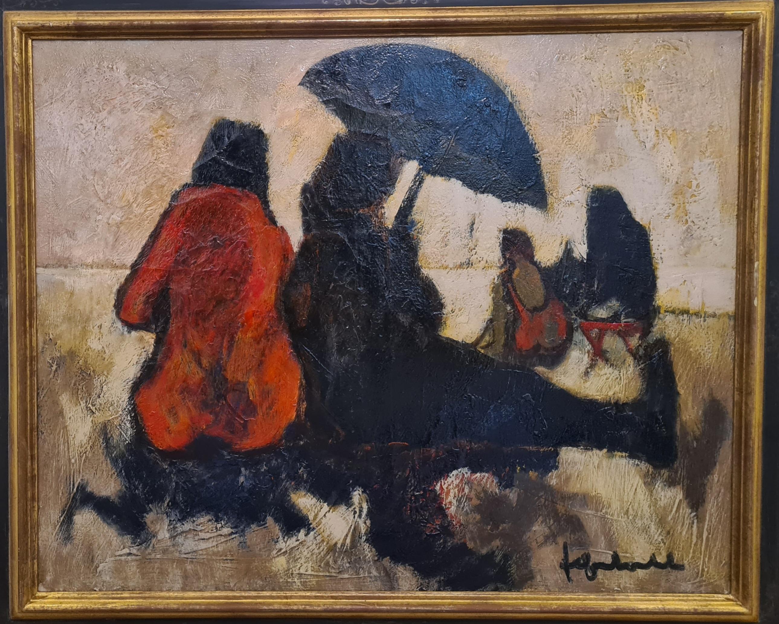 Femmes sur la plage, huile sur toile expressionniste française - Scène de plage - Painting de Jef Friboulet