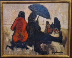 Femmes sur la plage, huile sur toile expressionniste française - Scène de plage