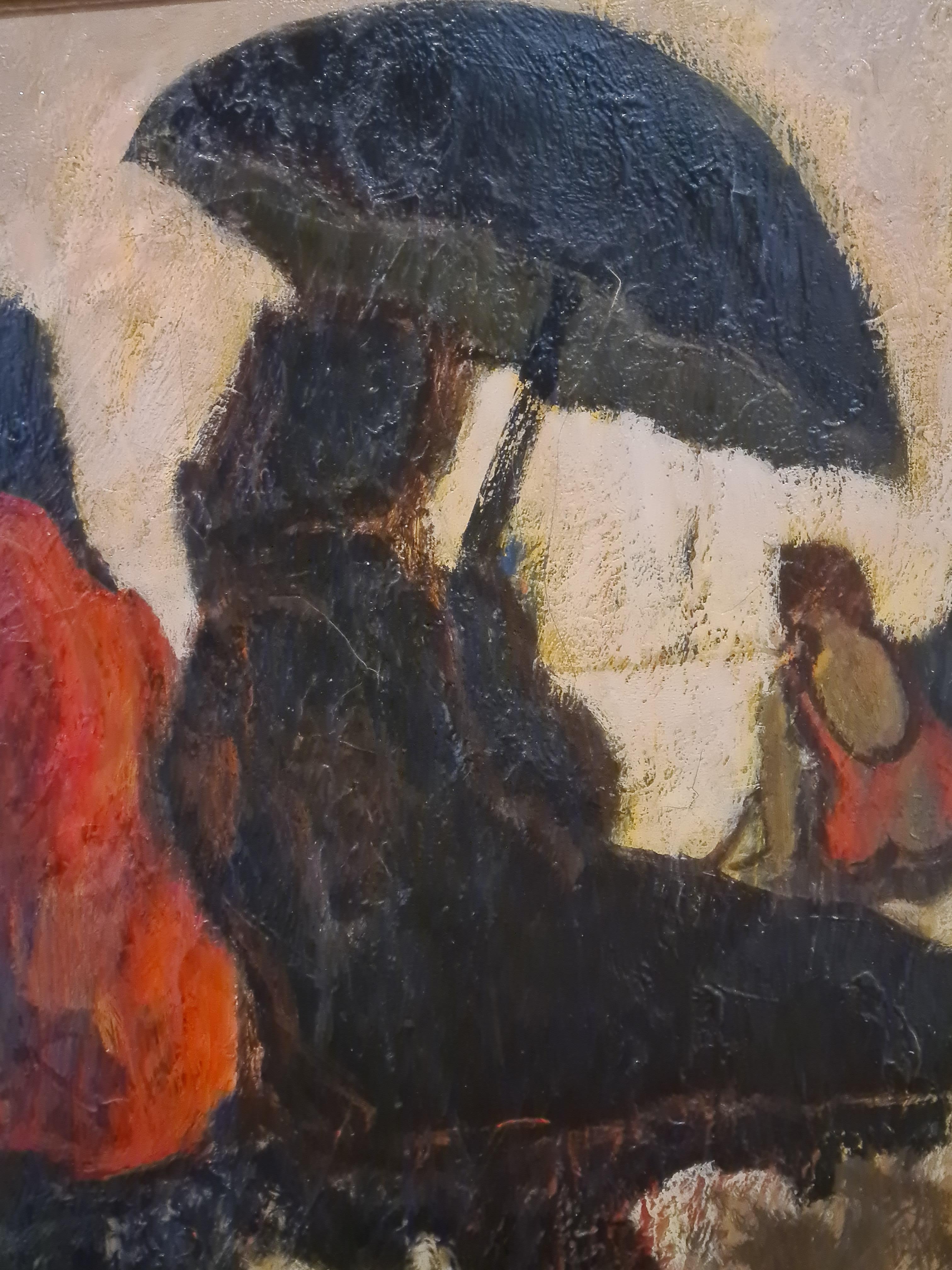 Huile sur toile française du milieu du siècle représentant deux couples profitant d'une journée à la plage par Jef Friboulet. Signé en bas à droite, titré, daté et signé au dos de la toile, présenté dans un beau cadre en bois Florentine décoré à la
